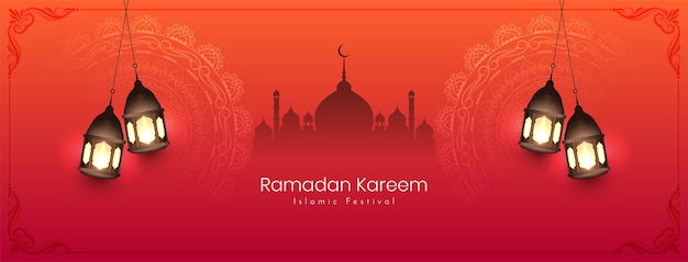 Banner de saludo del festival islámico ramadan kareem religioso con vector de mezquita