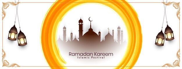 Banner de saludo del festival islámico ramadan kareem religioso con vector de mezquita