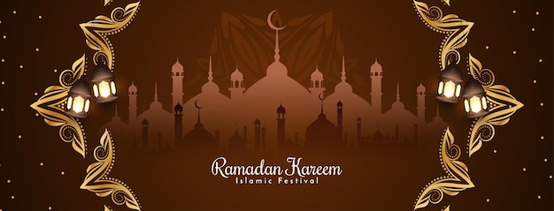 Banner de saludo del festival islámico Ramadan Kareem religioso con vector de mezquita