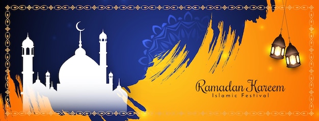 Banner de saludo del festival islámico ramadan kareem con vector de mezquita