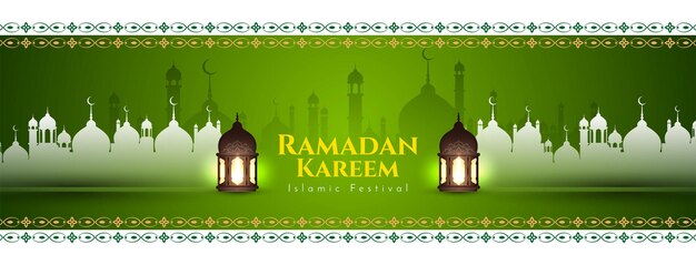 Banner de saludo del festival islámico Ramadan Kareem con vector de mezquita