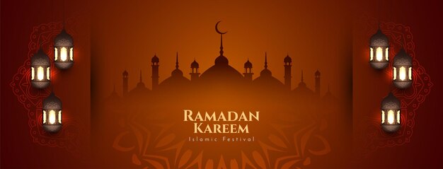 Banner de saludo del festival islámico Ramadan Kareem con vector de mezquita