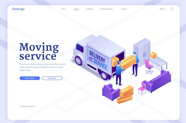 Banner de servicio móvil con trabajadores descargan camioneta con muebles y cajas página de inicio de vector de delive ...