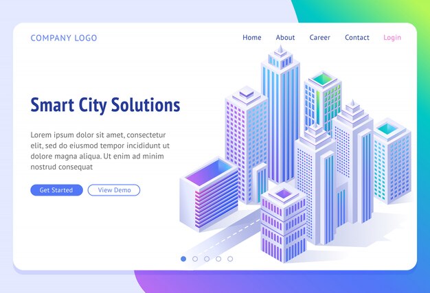 Banner de soluciones de ciudad inteligente. Isométrica ciudad futurista con rascacielos,