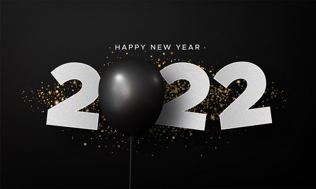 Vector gratuito banner de tarjeta de feliz año nuevo 2022 con globo negro realista