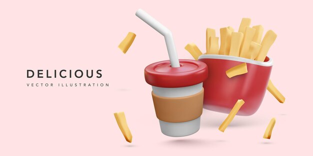 Banner con taza de café realista en 3d y papas fritas aisladas sobre fondo rosa Ilustración vectorial