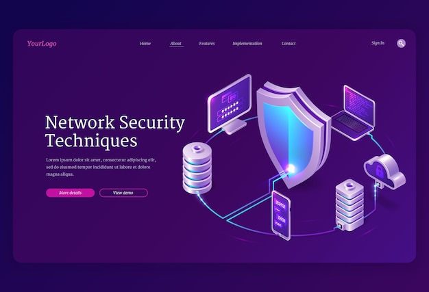 Banner de técnicas de seguridad de red. Concepto de tecnologías de Internet de seguridad, datos seguros. página de inicio de protección de información con computadora portátil isométrica, teléfono móvil, computadora e ícono de escudo