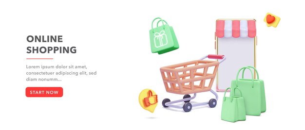 Banner con teléfono, carro, bolsas de regalo aisladas sobre fondo blanco. Ilustración vectorial