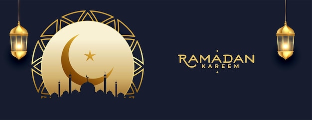 Banner de la temporada del festival ramadan kareem con luna y linterna