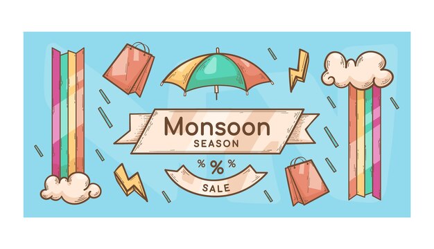 Banner de temporada de monzones dibujado a mano