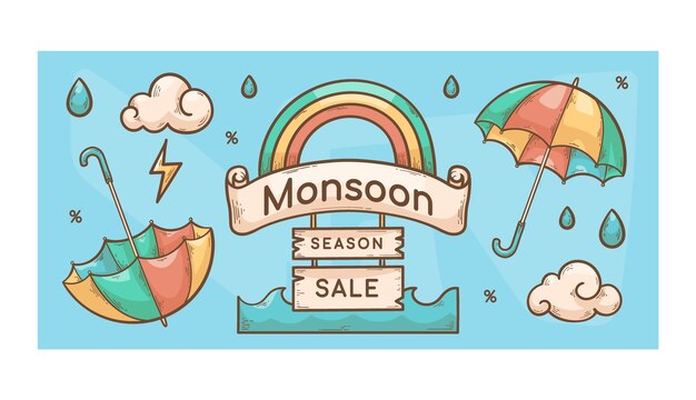 Banner de temporada de monzones dibujado a mano