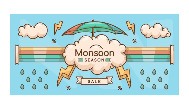 Vector gratuito banner de temporada de monzones dibujado a mano