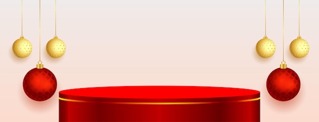 Banner de temporada navideña con podio rojo.