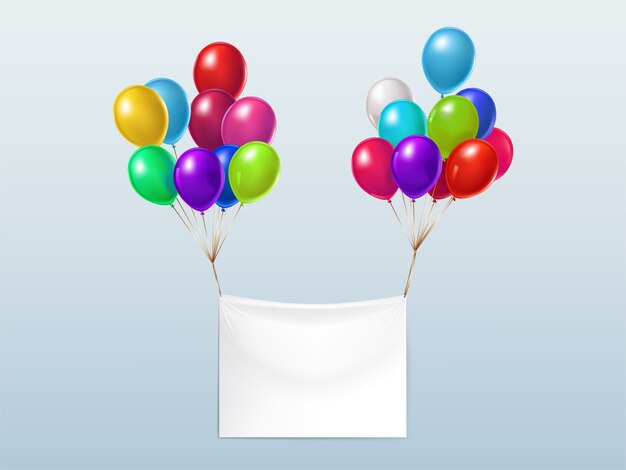 Banner textil en blanco, volando con globos coloridos brillantes