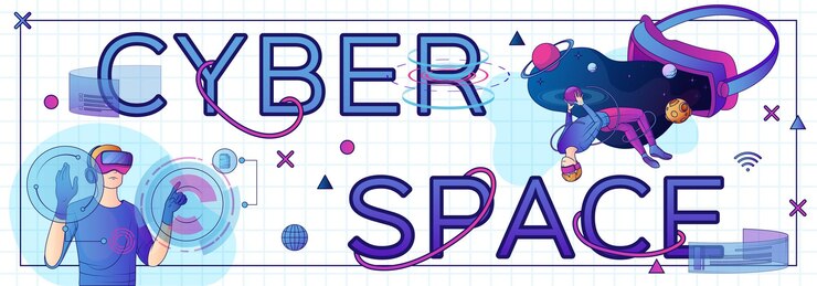 Vector gratuito banner de texto del ciberespacio en estilo plano con personas que se divierten en realidad virtual usando auriculares vr ilustración vectorial