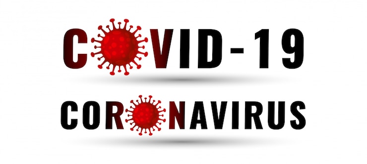 Vector gratuito banner de texto covid-19 y coronavirus con virus rojo