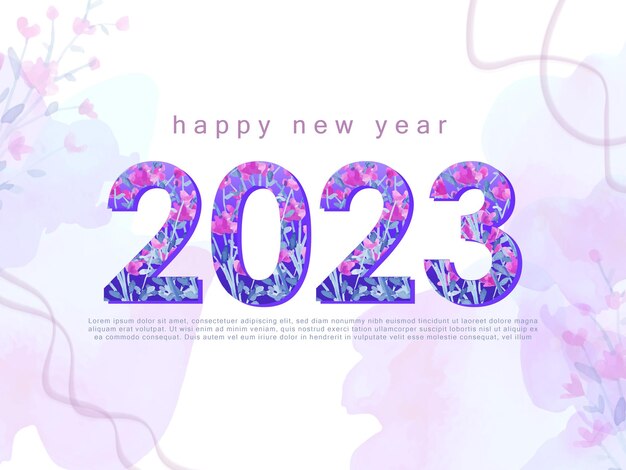Banner de texto de feliz año nuevo 2023 con adorno de pintura floral púrpura