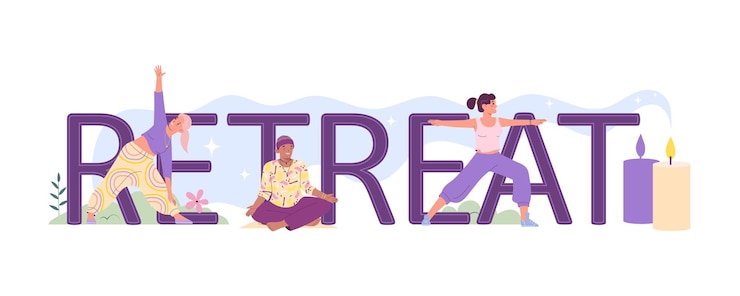 Vector gratuito banner de texto plano de práctica espiritual de retiro con gente feliz practicando asanas de yoga y meditando en la ilustración de vector de posición de loto