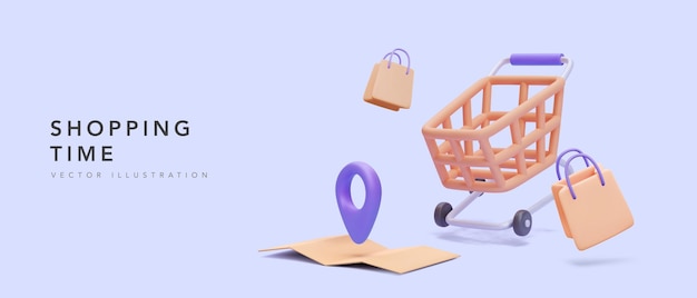 Banner de tiempo de compras con mapa realista, carrito y bolsas de regalo. Ilustración vectorial