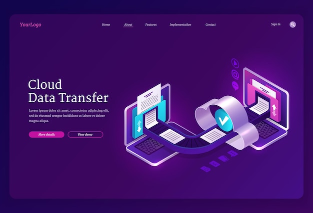 Vector gratuito banner de transferencia de datos en la nube, tecnologías en línea para intercambiar archivos y documentos entre computadoras, archivos digitales y páginas de inicio de bases de datos