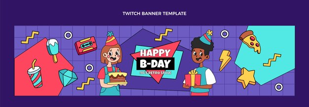Banner de twitch de cumpleaños de los 90 dibujados a mano