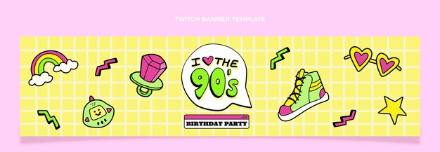 Banner de twitch de cumpleaños de los 90 dibujados a mano