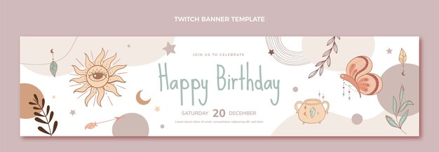 Vector gratuito banner de twitch de cumpleaños boho dibujado a mano