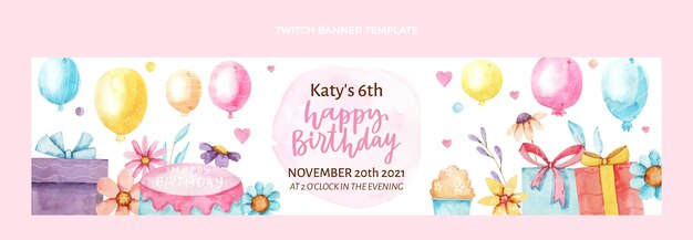 Banner de twitch de cumpleaños dibujado a mano acuarela