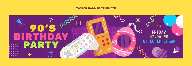 Banner de twitch de cumpleaños de diseño plano de los 90