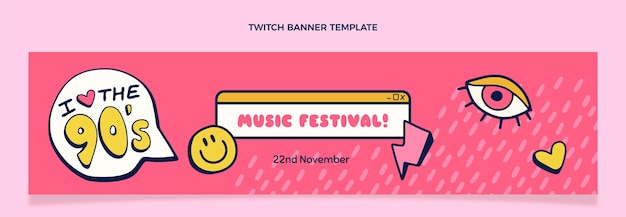 Vector gratuito banner de twitch del festival de música de los 90 dibujados a mano