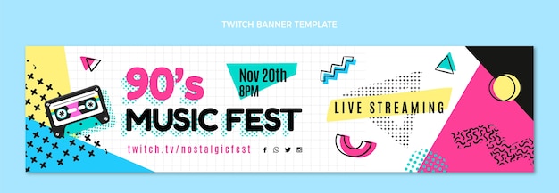 Banner de twitch del festival de música de los años 90 de diseño plano