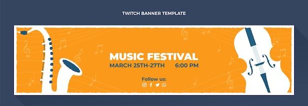 Vector gratuito banner de twitch de festival de música de diseño plano