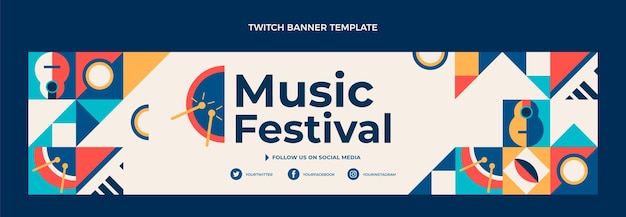 Banner de twitch de festival de música de mosaico plano