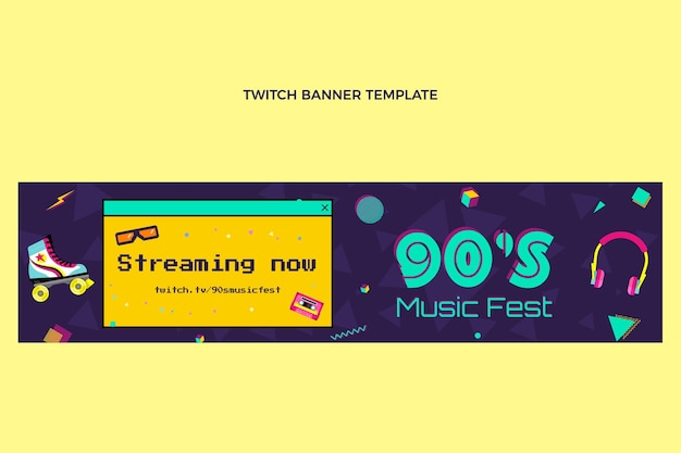 Banner de twitch de festival de música nostálgica de diseño plano