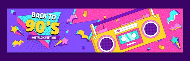 Banner de twitch del festival de música nostálgico de los años 90 de diseño plano