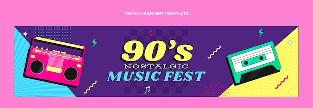Banner de twitch del festival de música nostálgico de los años 90 de diseño plano