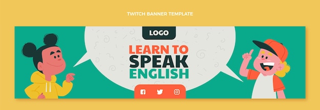 Vector gratuito banner de twitch plano para lecciones de aprendizaje de inglés