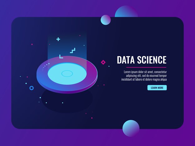 Banner UFO, concepto de alta tecnología de dispositivos isométricos, sala de servidores isométricos