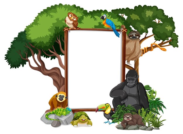 Banner vacío con animales salvajes y árboles de la selva en blanco