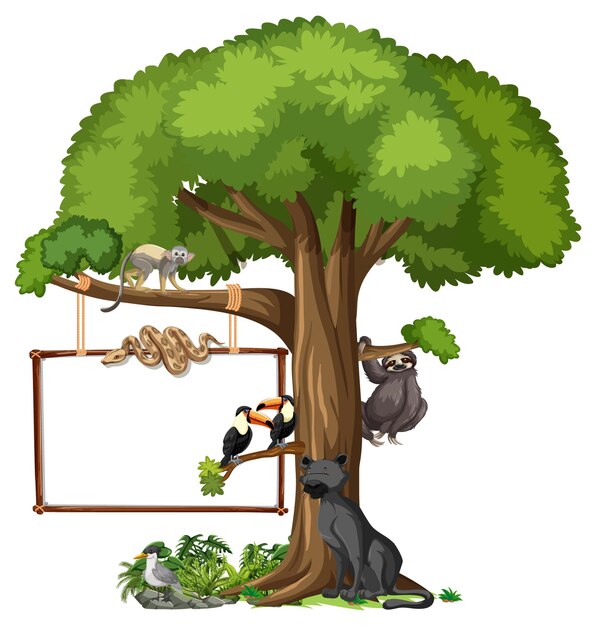 Banner vacío con animales salvajes y árboles de la selva en blanco