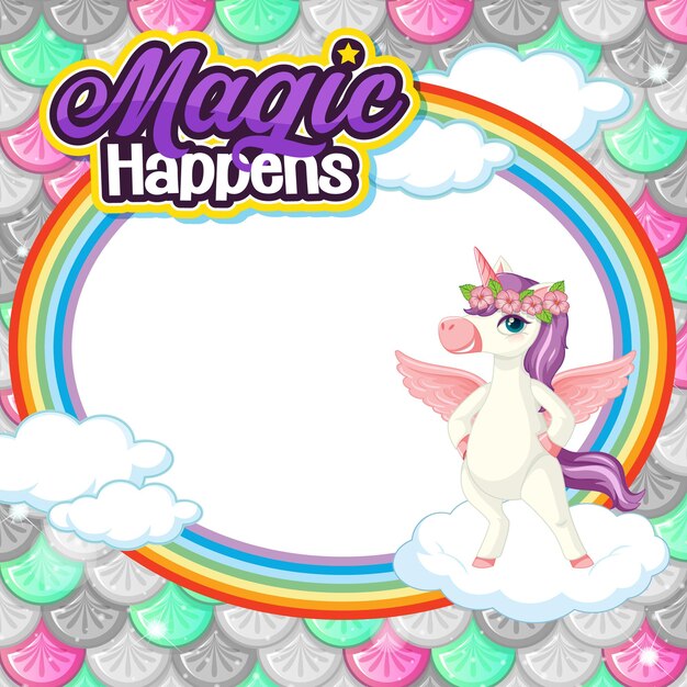 Banner vacío con lindo personaje de dibujos animados de pegaso en escamas de sirena pastel