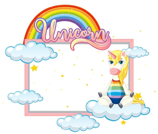 Banner vacío con lindo personaje de dibujos animados de unicornio sobre fondo blanco