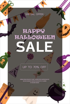 Banner de vector para diseño de plantilla de dibujos animados de halloween para invitaciones de fiesta de ventas de anuncios