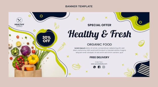 Vector gratuito banner de venta de alimentos frescos y saludables de diseño plano