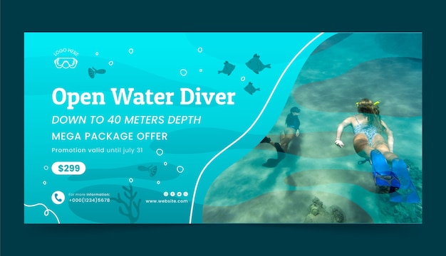 Vector gratuito banner de venta de buceo de diseño plano