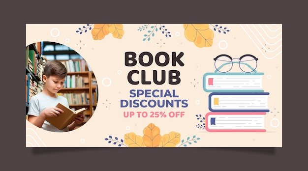 Vector gratuito banner de venta de club de lectura de diseño plano