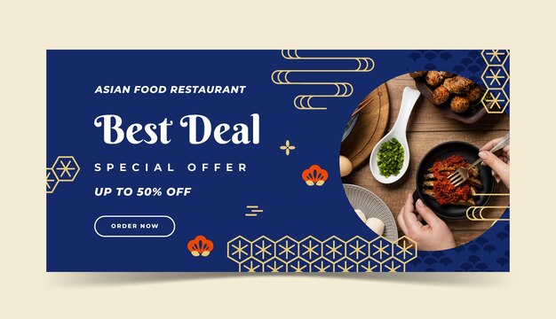 Banner de venta de comida asiática de diseño plano