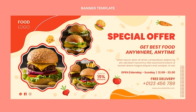 Vector gratuito banner de venta de comida de diseño plano con oferta especial.