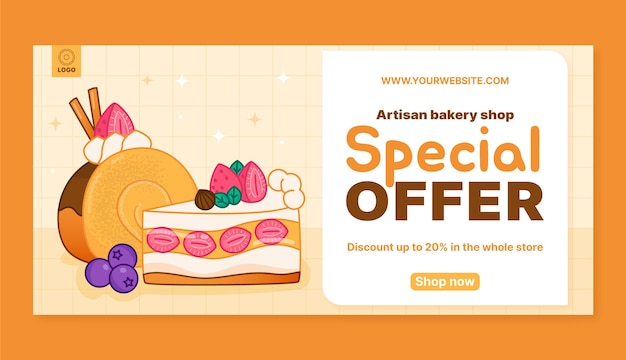 Banner de venta de comida de panadería deliciosa dibujada a mano