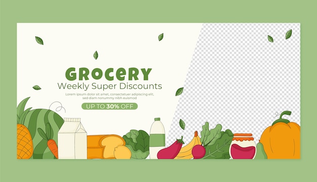 Vector gratuito banner de venta de compras de comestibles dibujado a mano